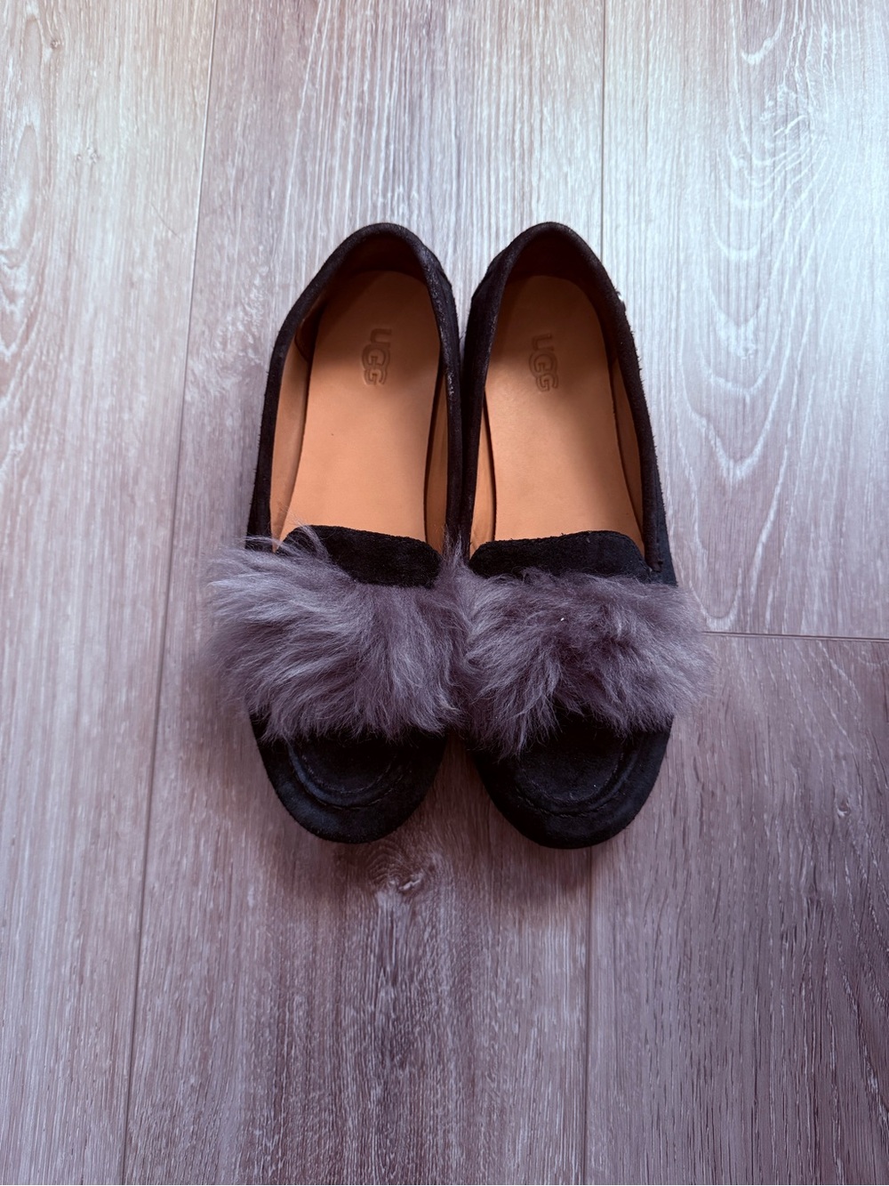 UGG Black Suede Loafers with Gray Fur Pom